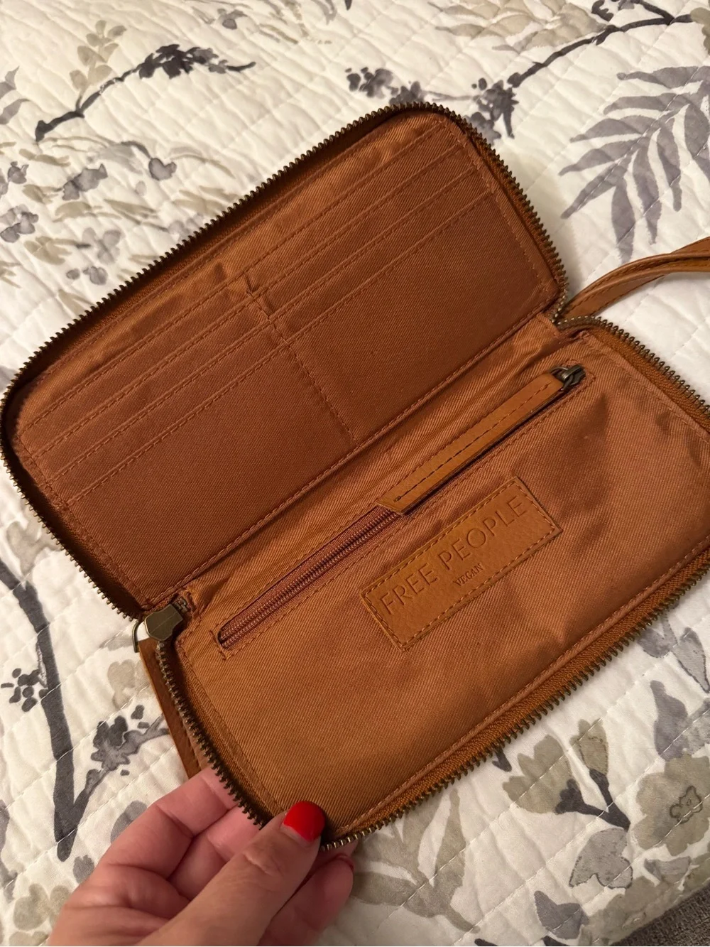 Free People Tan Leather Zip Wristlet Wallet